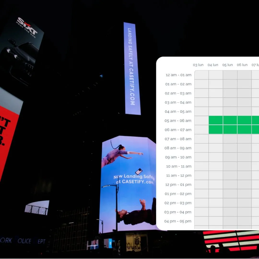 Hour-by-hour booking grid over Times Square digital billboards