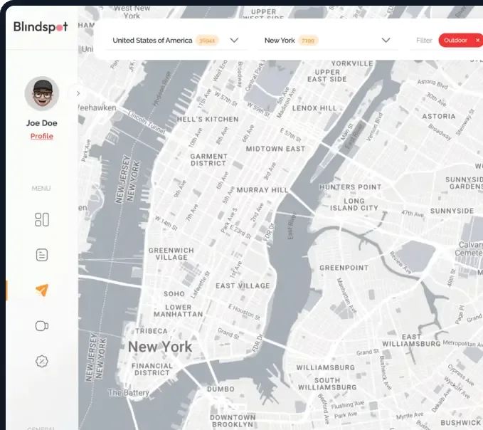 Blindspot platform dashboard — browsing billboard locations on a map of New York