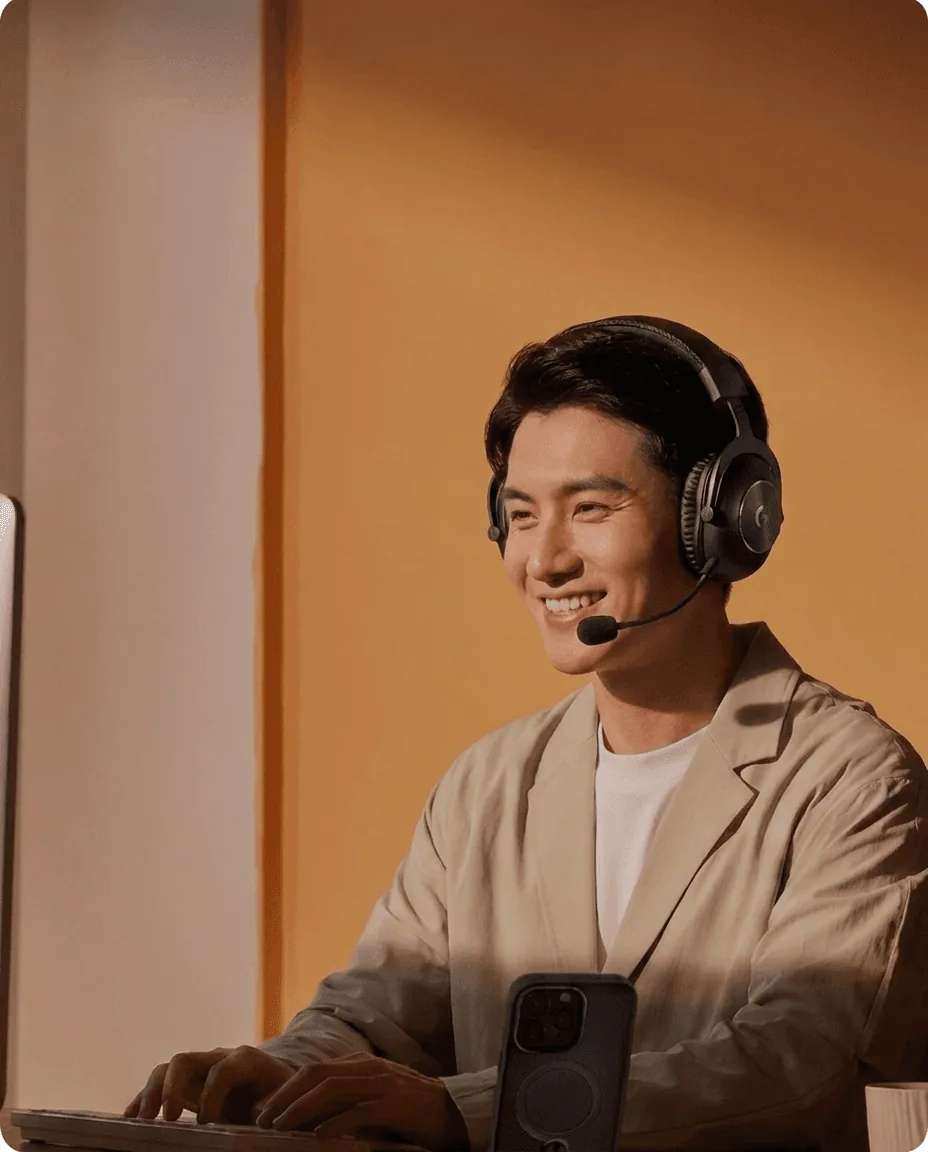 A Dimension support specialist on a headset