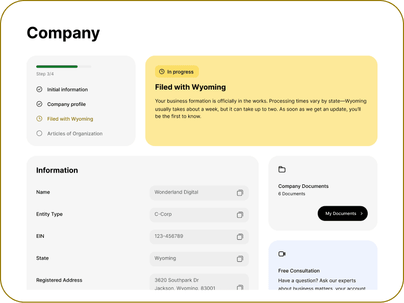 doola formation dashboard — company filing progress and documents