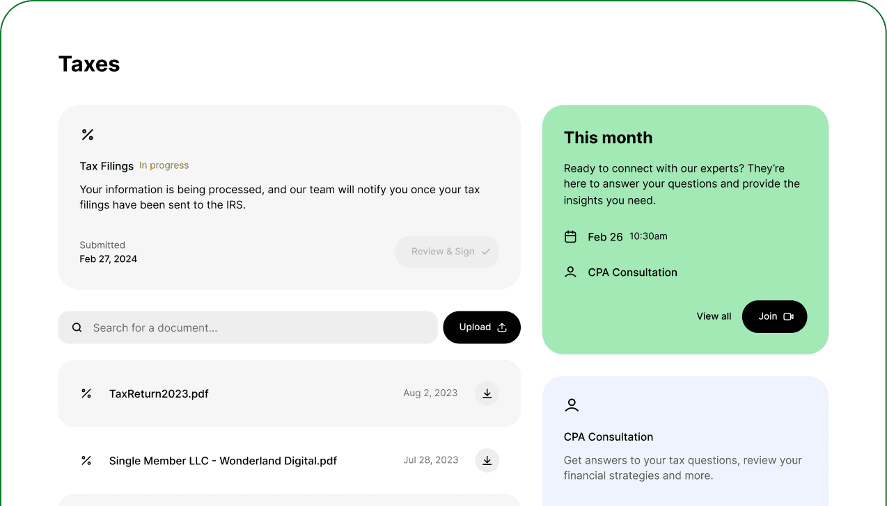 doola taxes dashboard — filings and CPA consultation