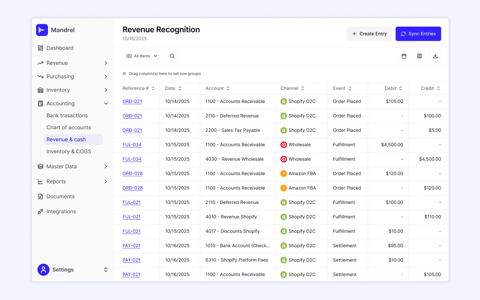 Revenue recognition ledger in Mandrel's accounting module