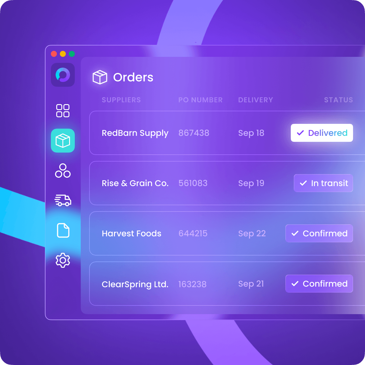 Opply logistics — orders tracked with delivery dates and live statuses