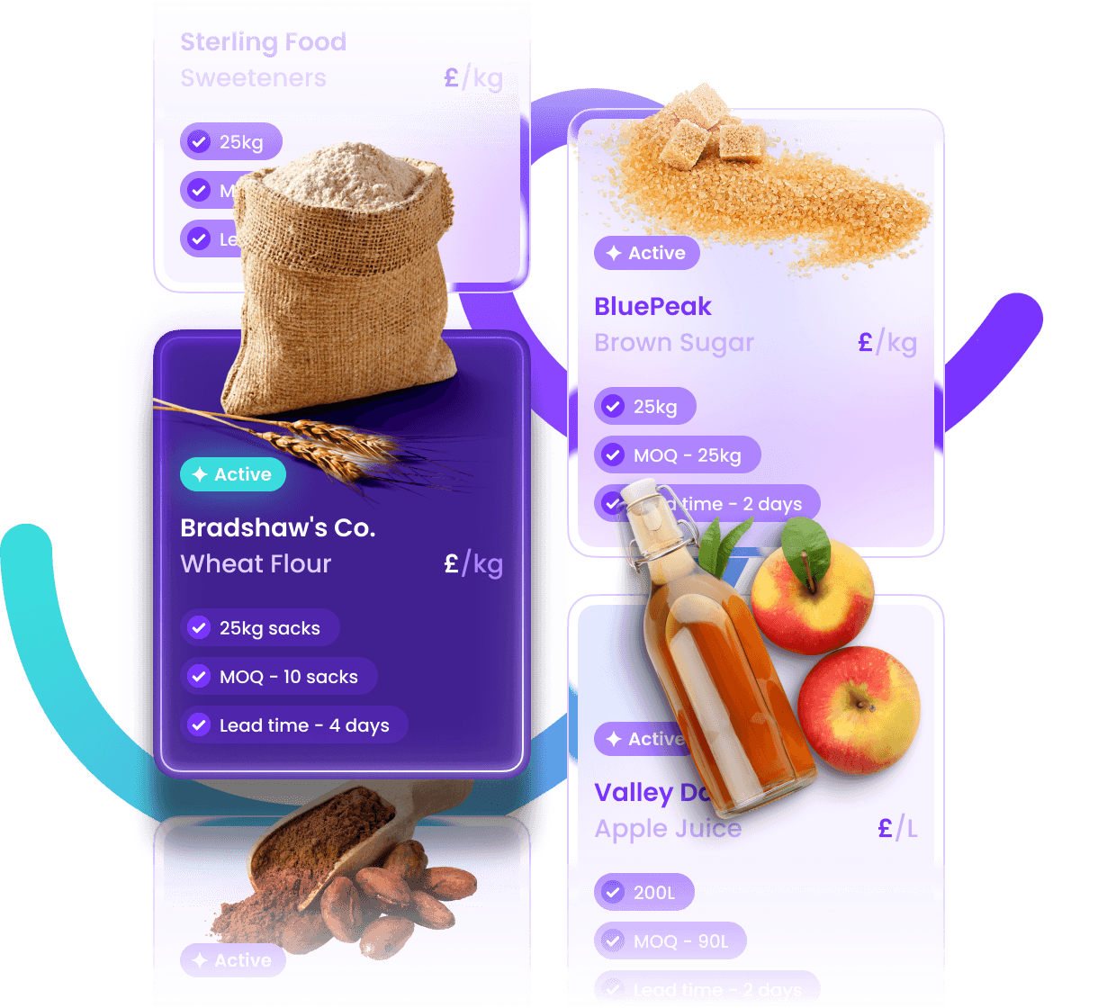 Opply ordering — ingredient supplier cards with pricing, MOQs, and lead times