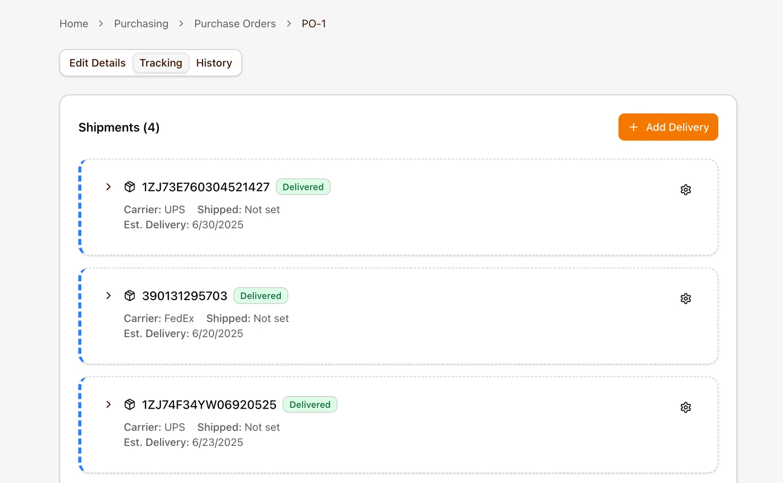 Organizely purchase order with shipment tracking — carriers, delivery estimates, and delivered statuses
