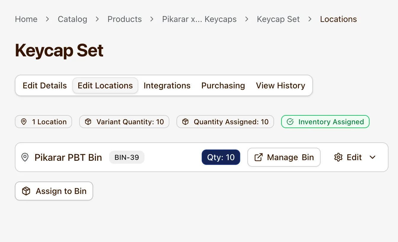 Organizely warehouse locations — product assigned to a barcoded bin with quantity tracking