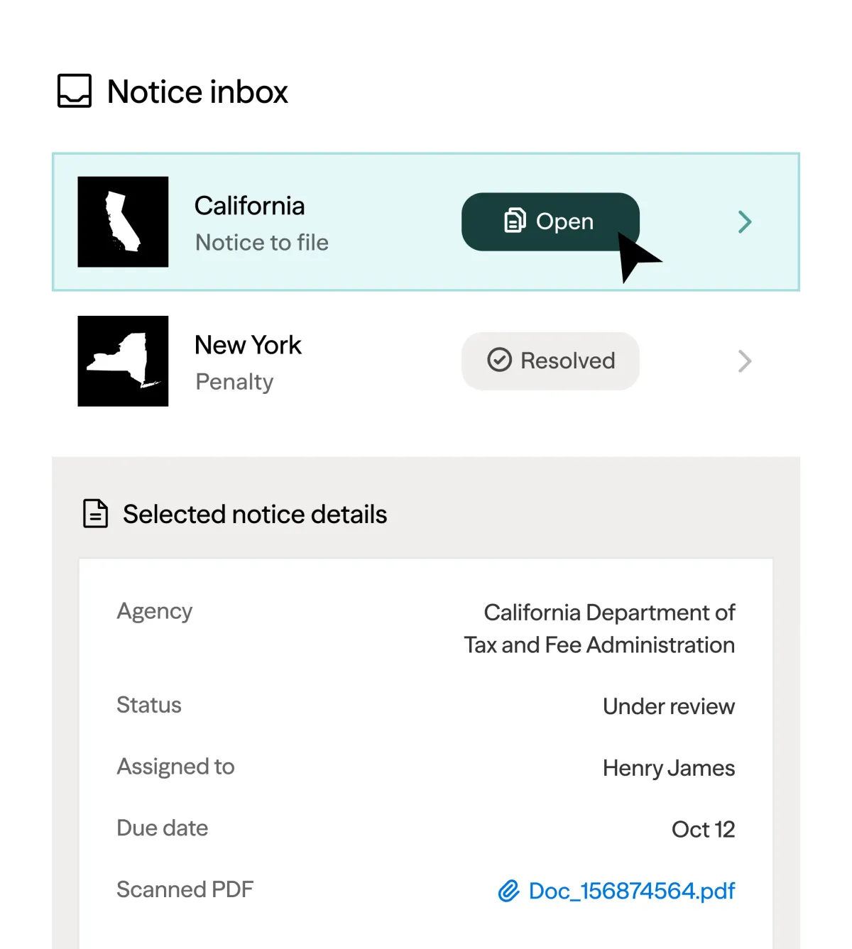 Zamp notice inbox with selected notice details